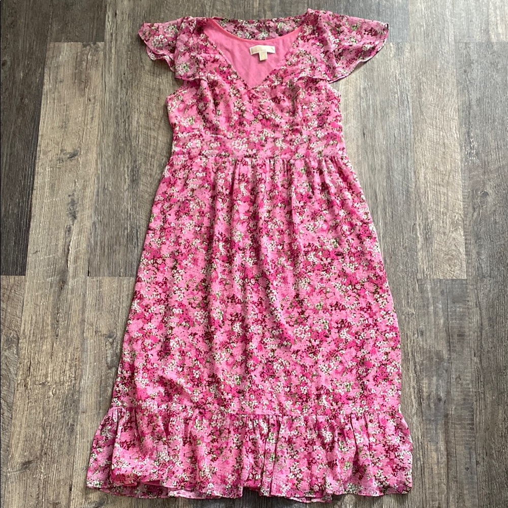 Michael Kors Floral Pink Dress with Ruffle Hem